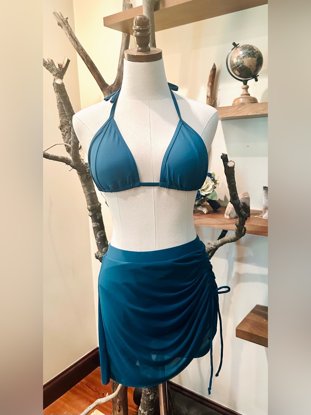 Tummy Control Teal Triangle Halter Bikini Top & Ruched Skirt Swim Set, Size